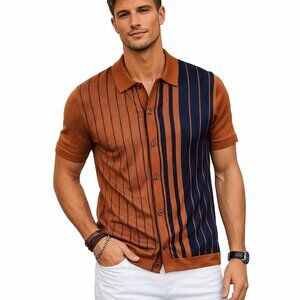 Men's Express Knit Short Sleeve Full Placket Button Down Shirt MOD Vintage